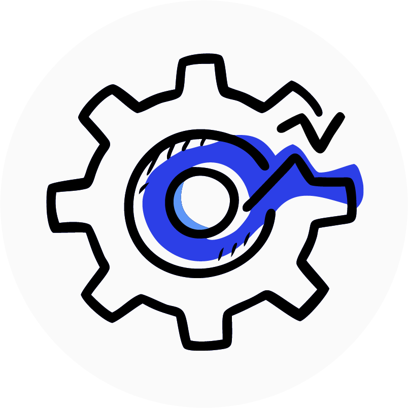 Stylized gear icon in black and blue