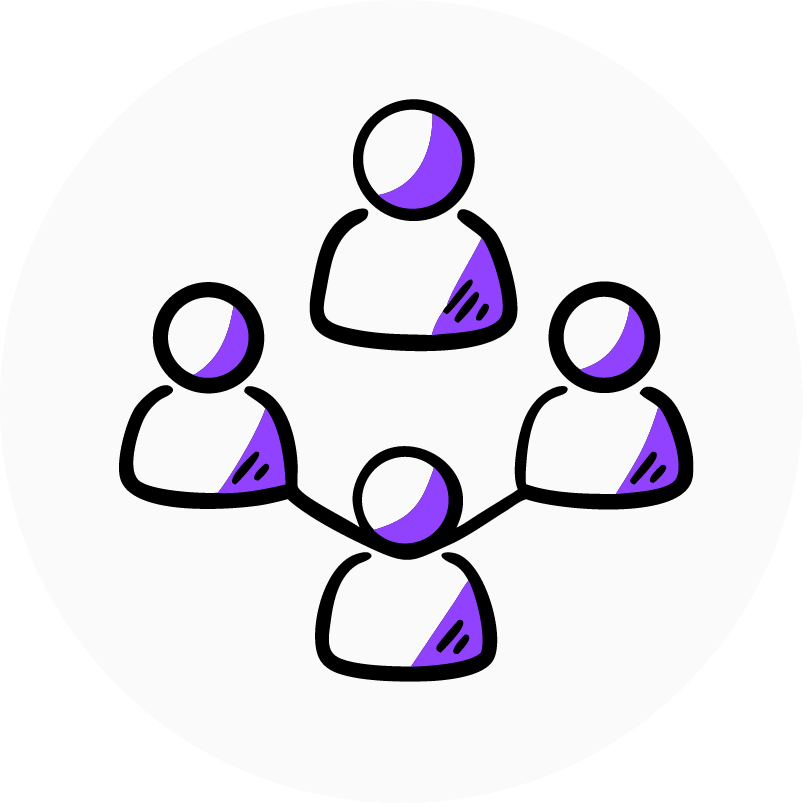 Stylized icon of a connected team in black and purple