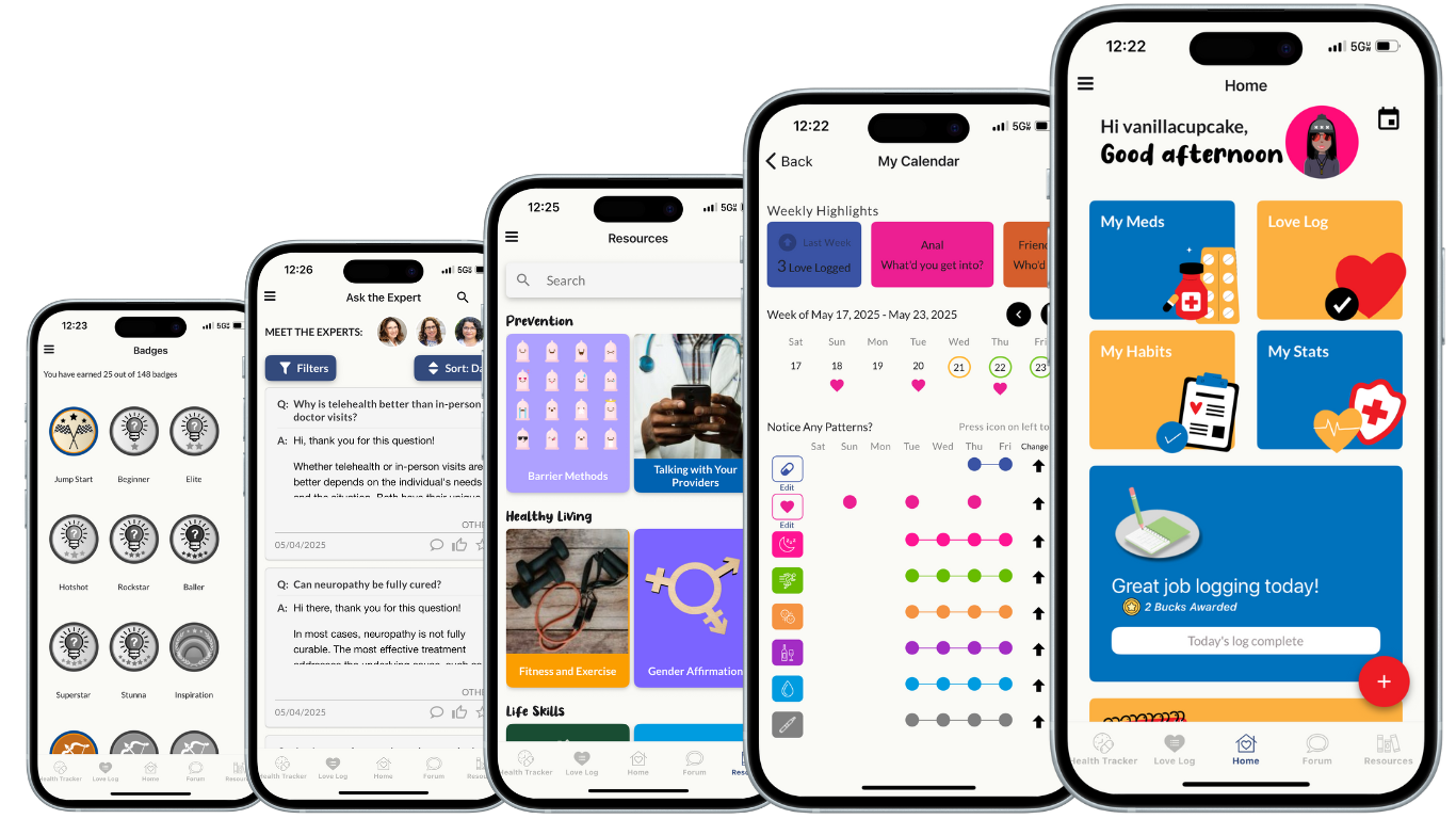 HealthMpowerment (HMP) screenshots featuring examples of Badges, Ask the Expert, Resources, My Calendar, and Home screen.